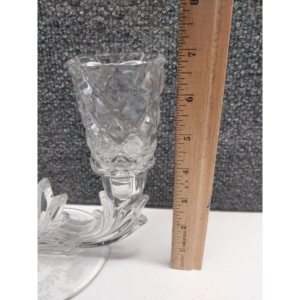 Vintage Clear Glass Double Votive Candle Holder Floral Etched Base Candelabra